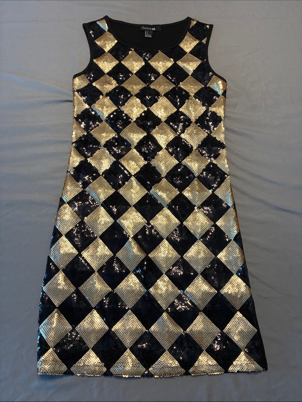Forever 21 Black and Gold Sequin Harlequin Shift Dress